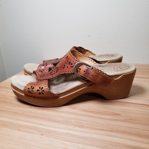 Dansko Shoes - Dansko Women's Size 40 Slip On Wedge Heel Sandals Brown Laser Cut LEather